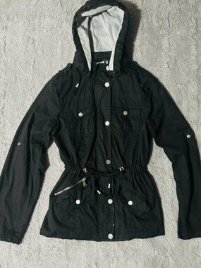 Snobbish Black Utility Jacket M Cinch Waist Detachable Hood Cotton Silver Zip